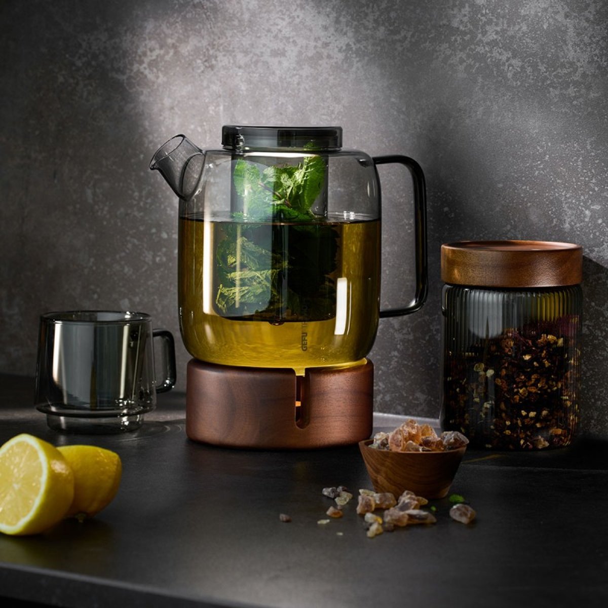 Théière, 1.500 ml avec réchaud trevio argent/ transparent, GEFU
