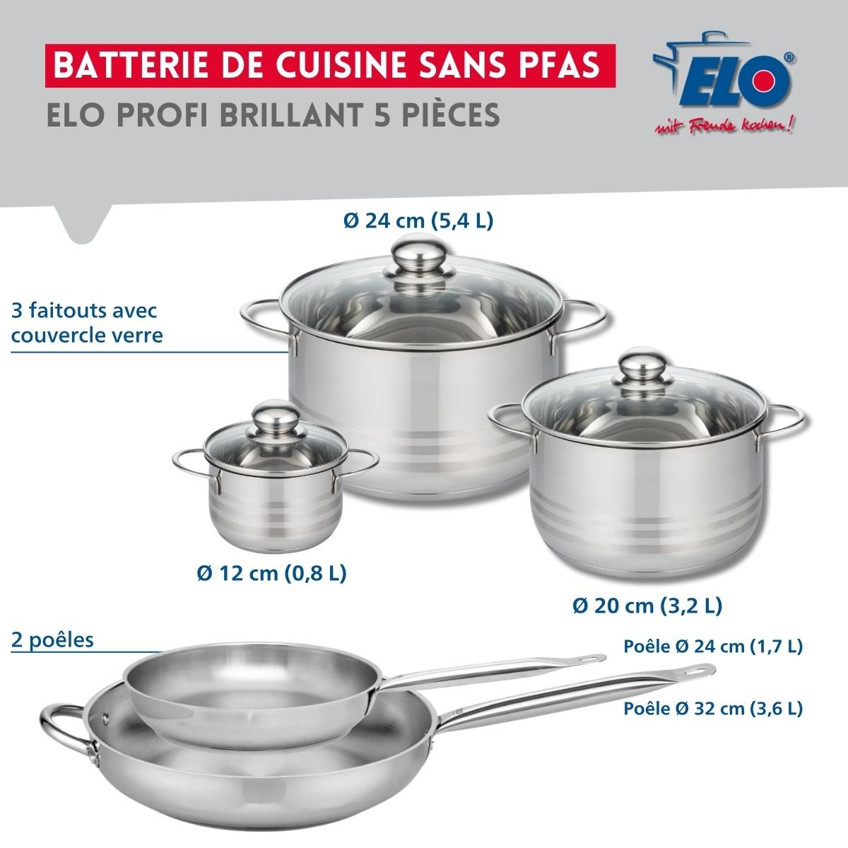Batterie 2 poêles 24/32cm + 3 faitouts 12/20/24cm PROFI BRILLANT gris, ELO