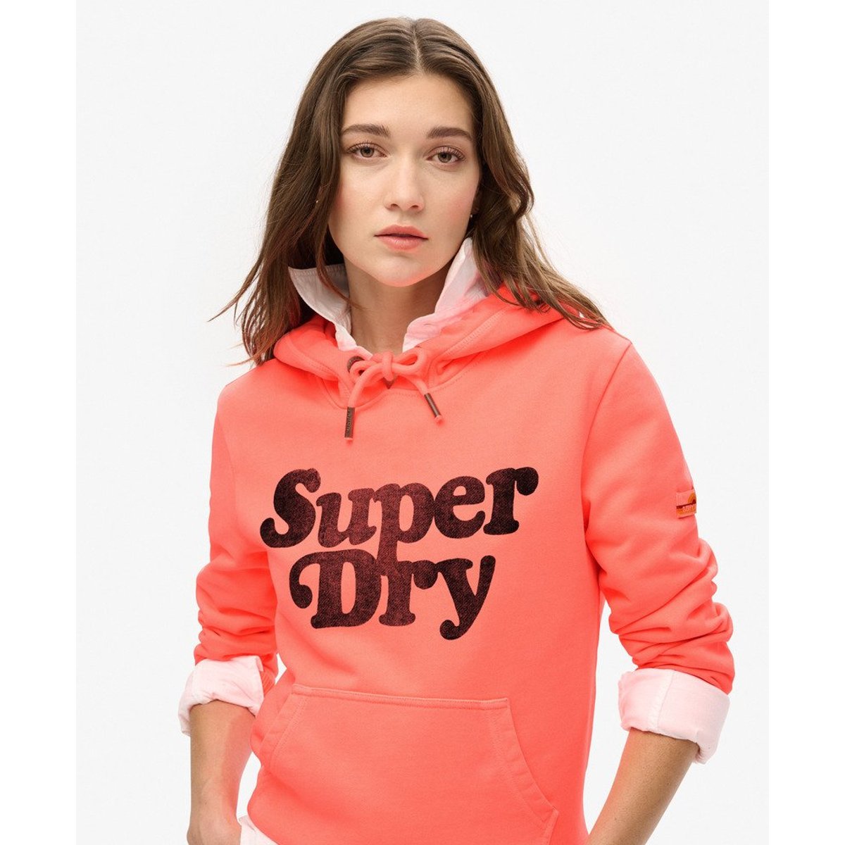 Sweat à capuche à logo ton sur ton Cooper corail pastelline, SUPERDRY