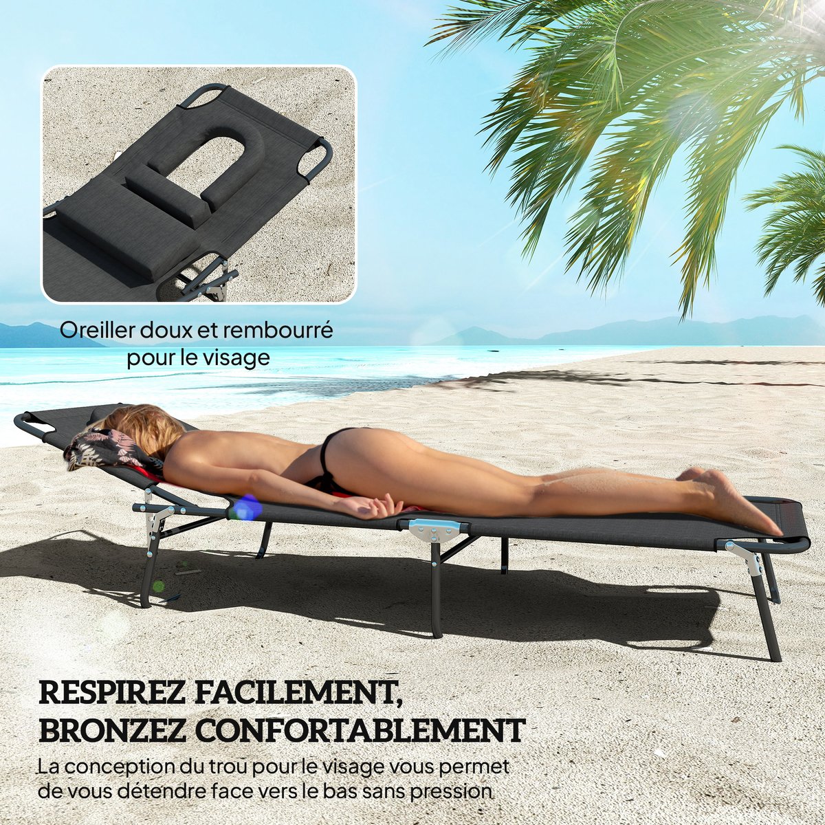 Chaise longue Bois Noir noir, OUTSUNNY
