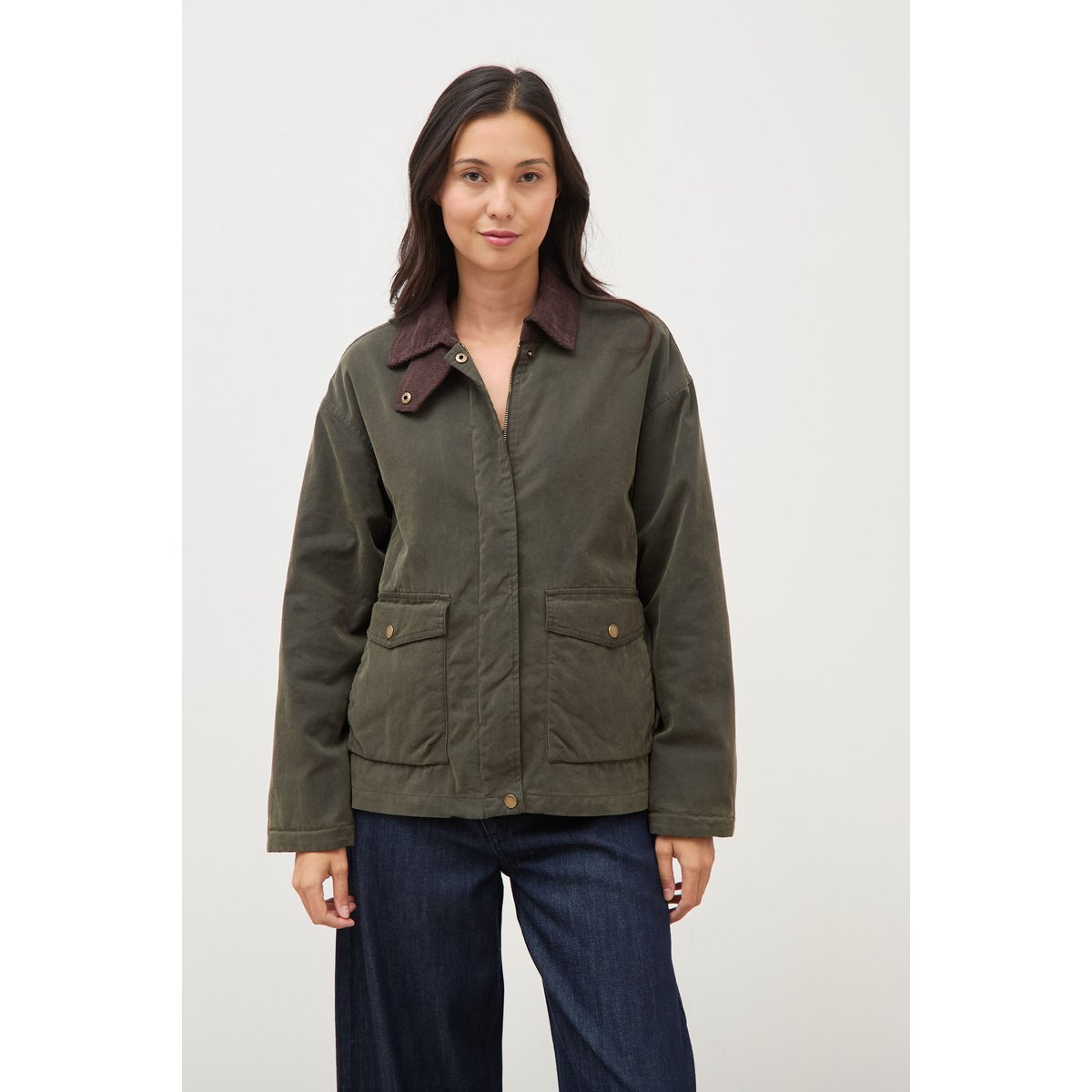 Parka oversize courte col classique vert kaki, BONOBO