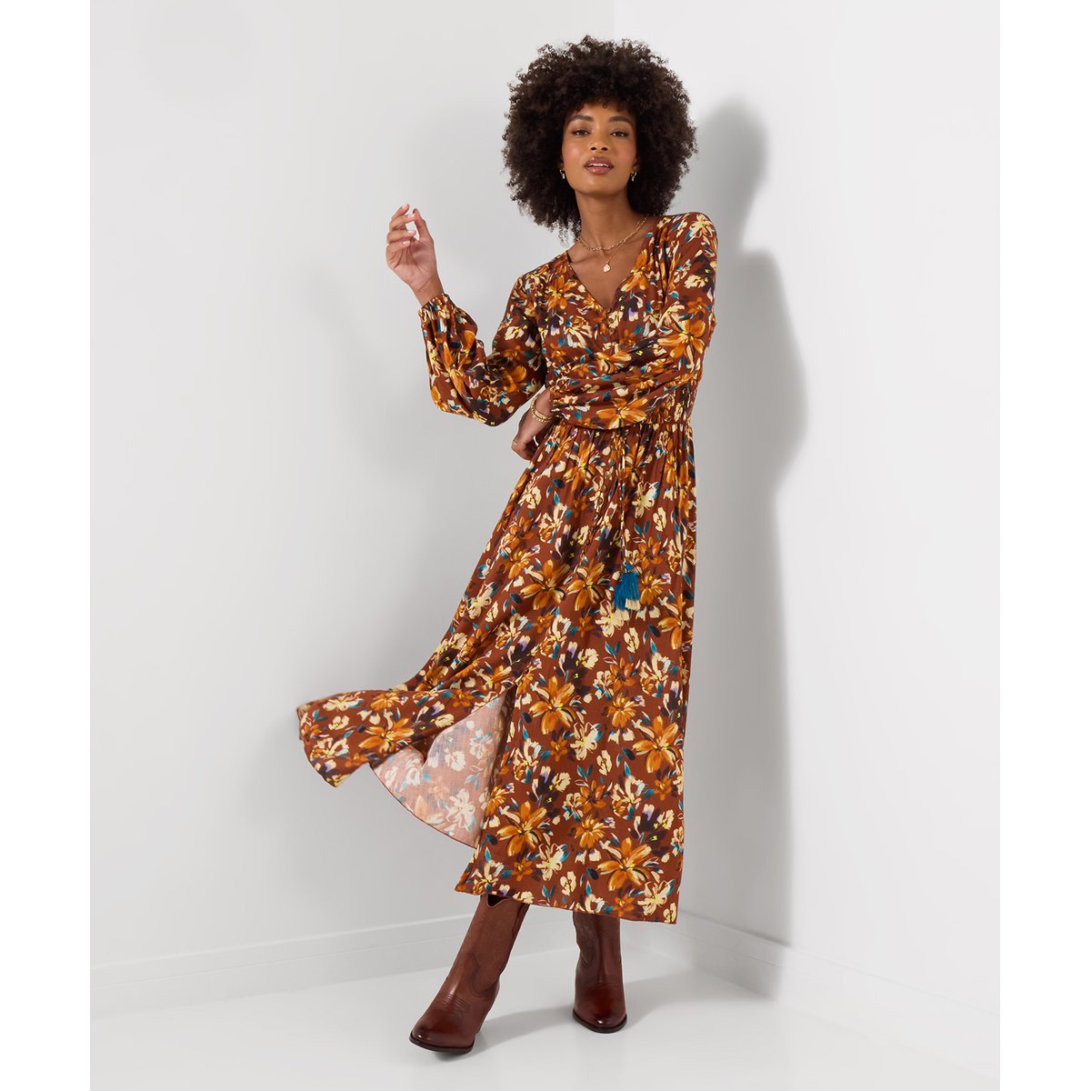 Robe Longue Fleurie à Empiècement en Dentelle Sienna marron, JOE BROWNS