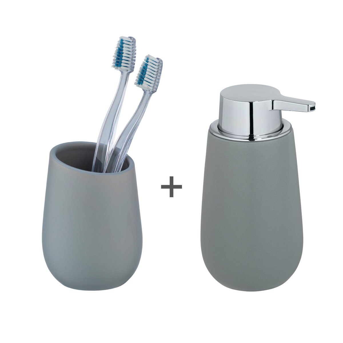 Set distributeur et pot brosse à dents BADI gris, WENKO