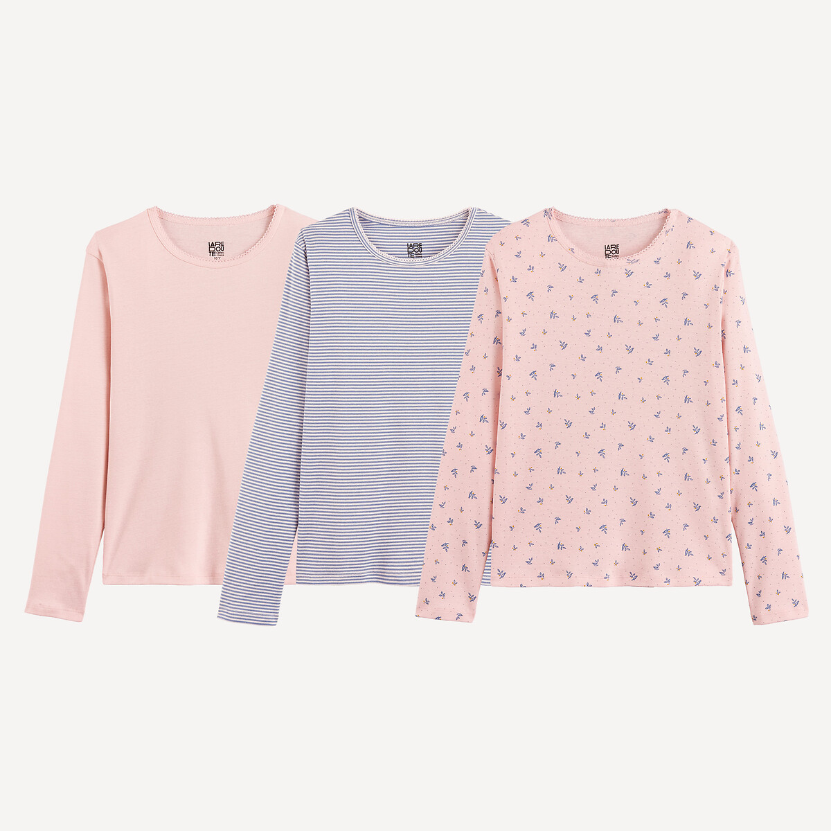 Lot de 3 maillots de corps, à manches longues bleu + rose, LA REDOUTE COLLECTIONS