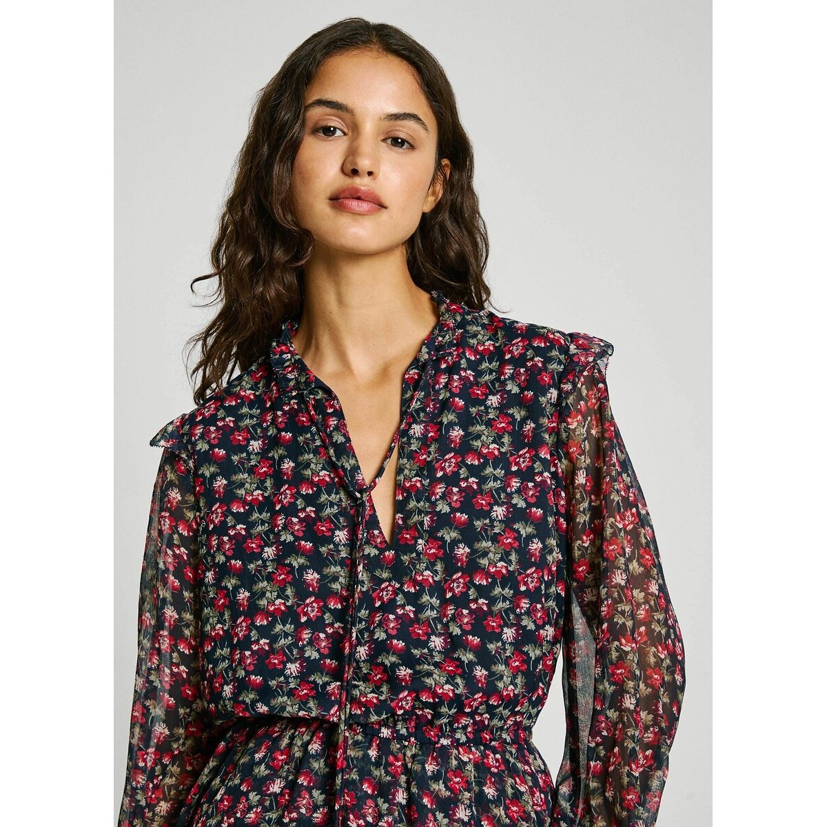 Robe manches longues en voile OLIVE imprimé fond marine, PEPE JEANS