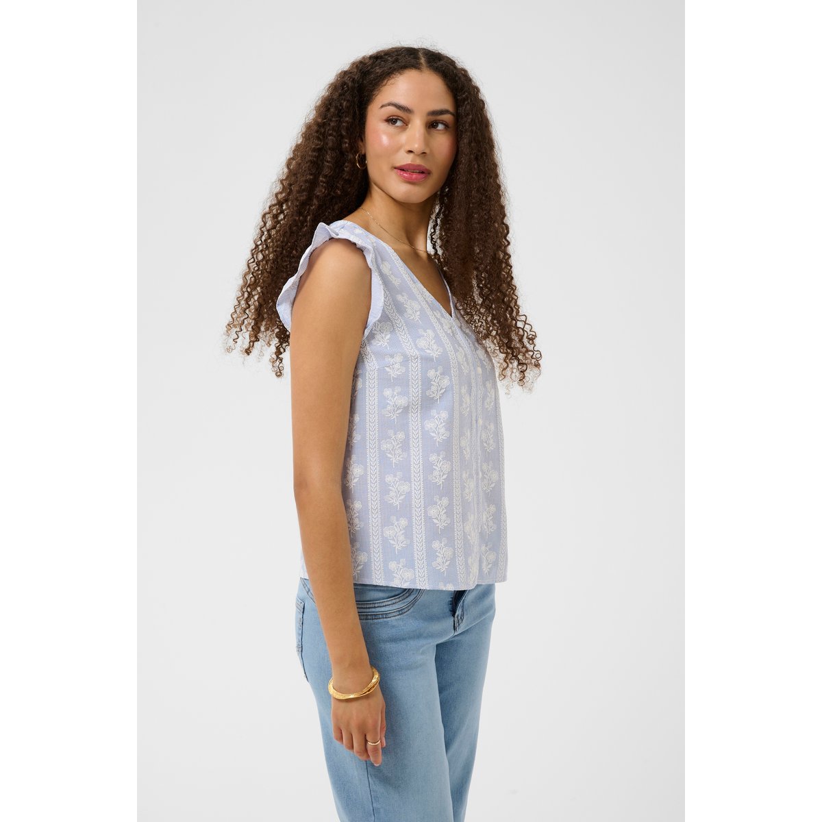 Blouse sans manches bleu blanc blue white stripes w. flowers, CREAM