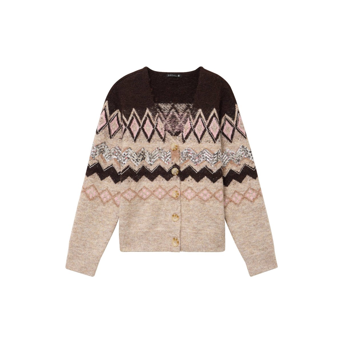 Cardigan jacquard col rond marron, BREAL