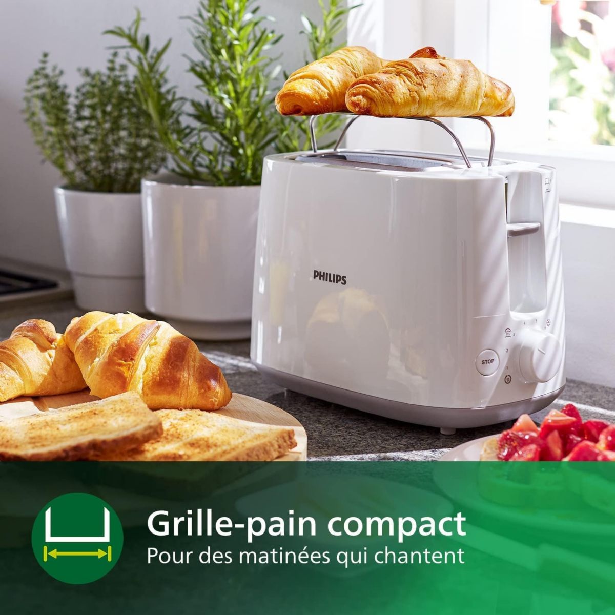 Grille-pain HD2581/00 Toaster blanc Daily, 2 fentes, 830W blanc, PHILIPS