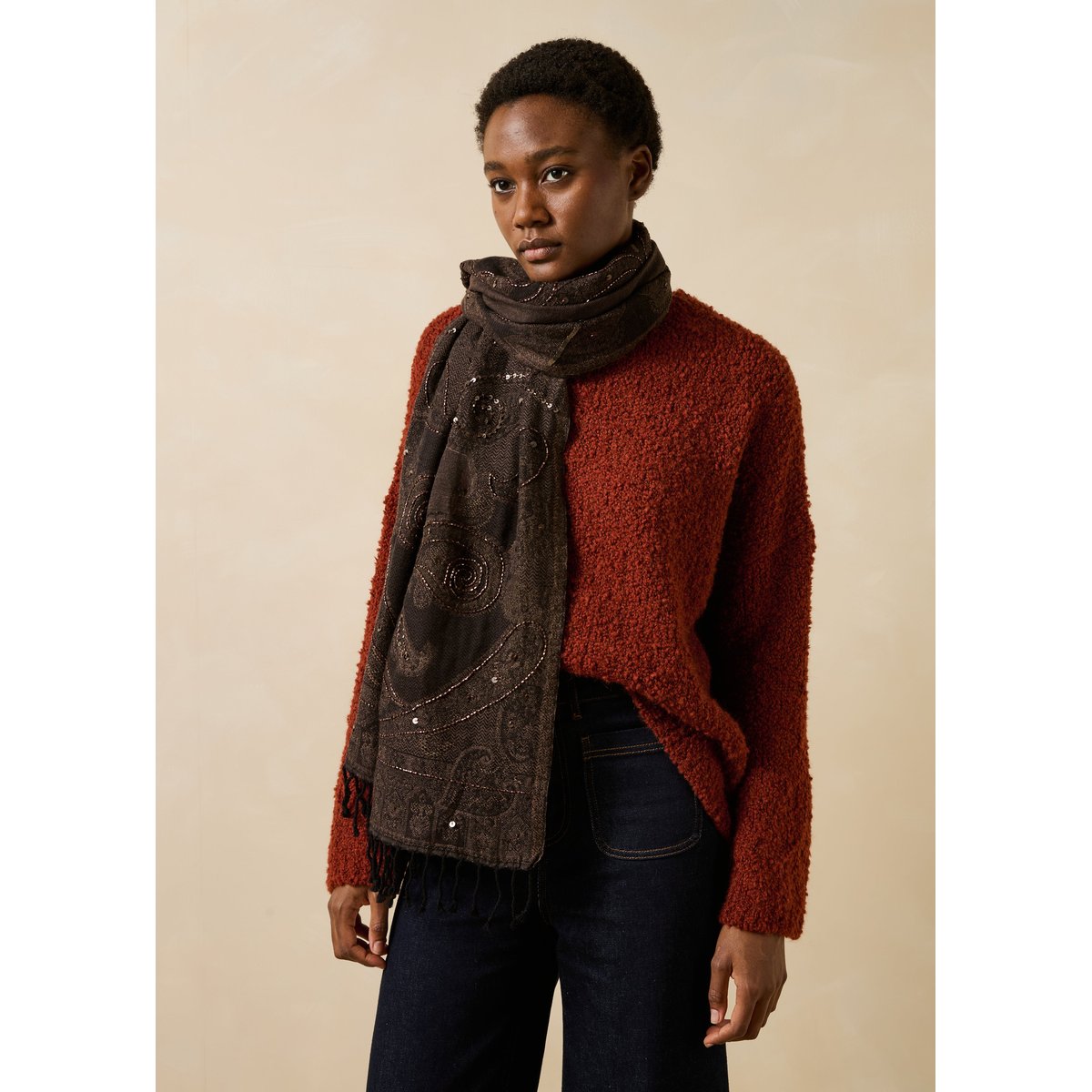 Écharpe coton et laine avec broderie marron, LA FEE MARABOUTEE