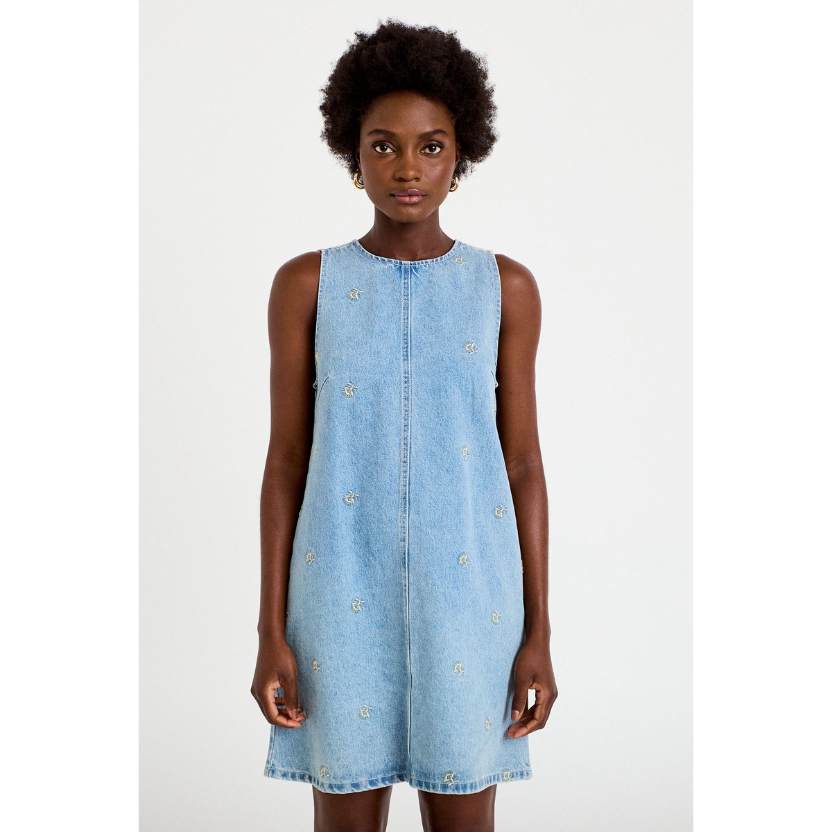 Robe courte évasée en jean sans manches bleu, CACHE CACHE