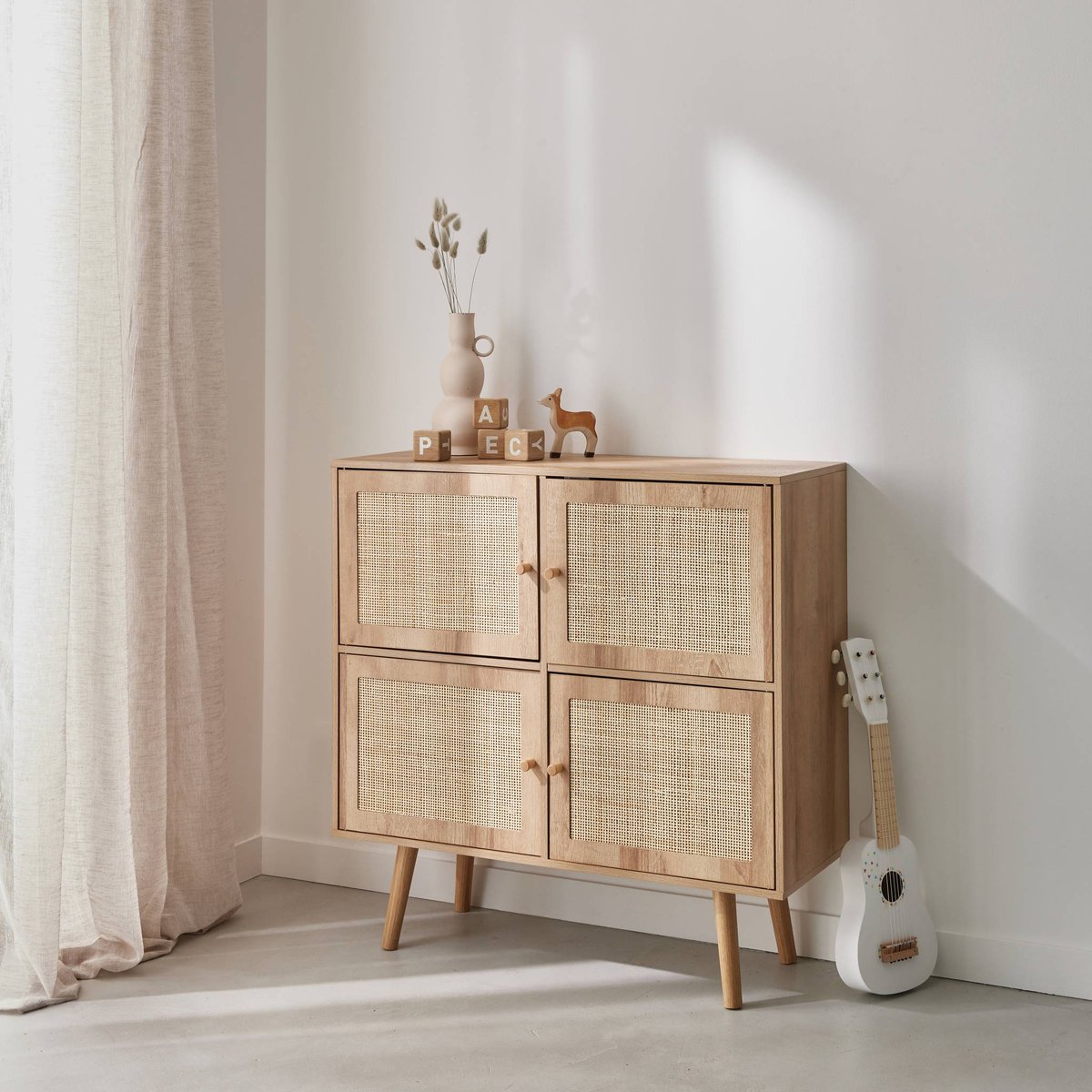 Commode enfant décor bois et cannage 4 portes BOHÈME naturel, SWEEEK