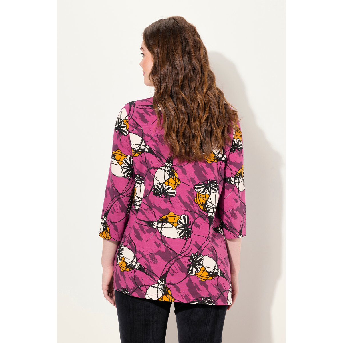 T-shirt long en coton bio. Col rond fuchsia, ULLA POPKEN