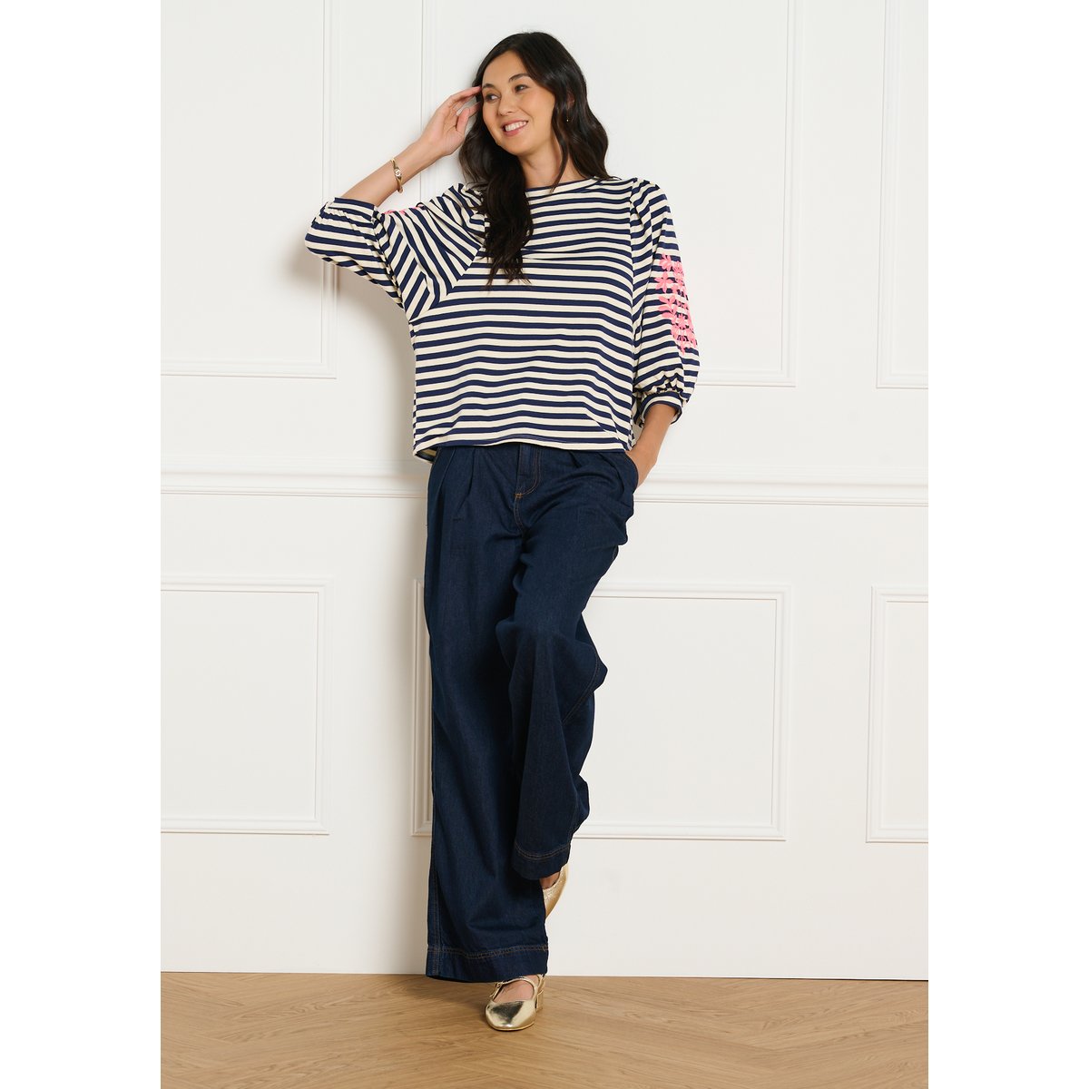 T-shirt rayé brodé bleu marine, LOLALIZA