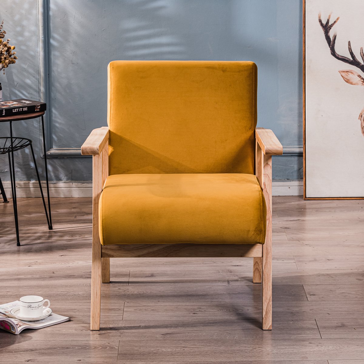 Fauteuil de salon en bois massif, LOUIS jaune moutarde, NORDLYS