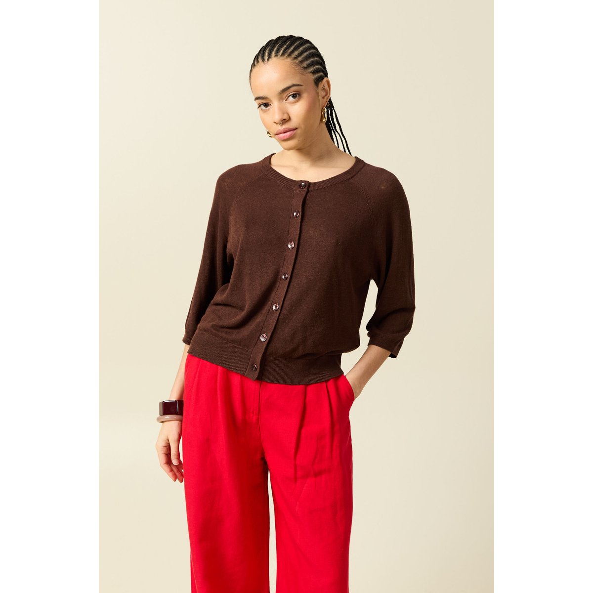 Gilet droit court manches longues marron foncé, BONOBO