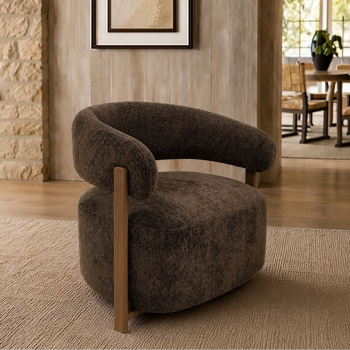 Fauteuil arrondi en tissu chenille, NOUBIA marron, NOW'S HOME