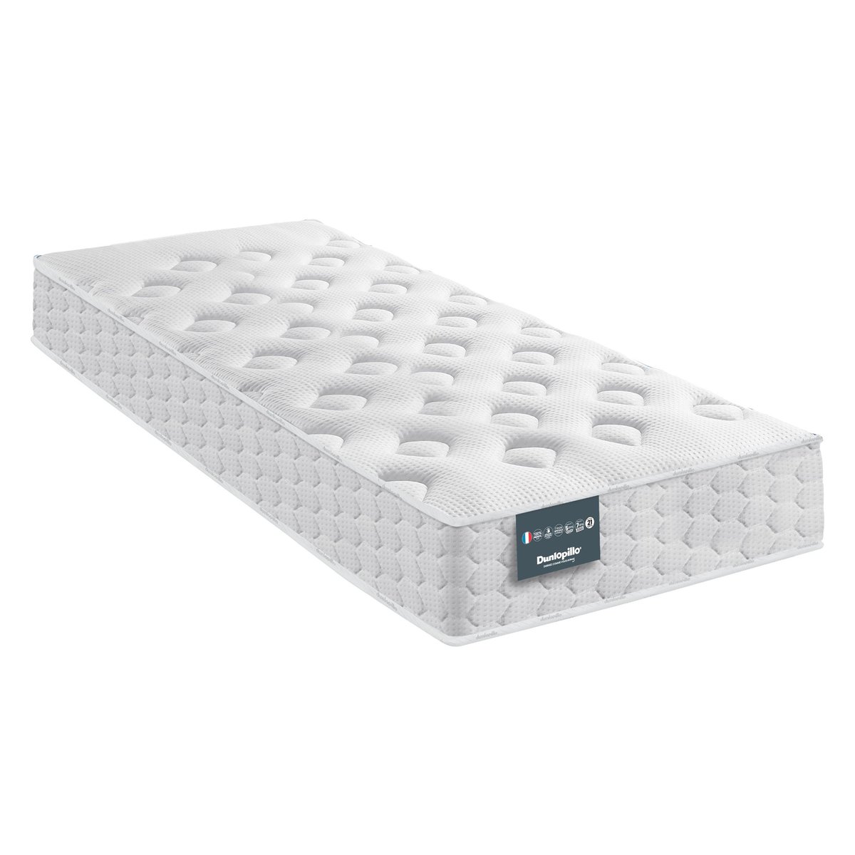 Matelas mousse mémoire, sommier pieds NARCISSE blanc, DUNLOPILLO