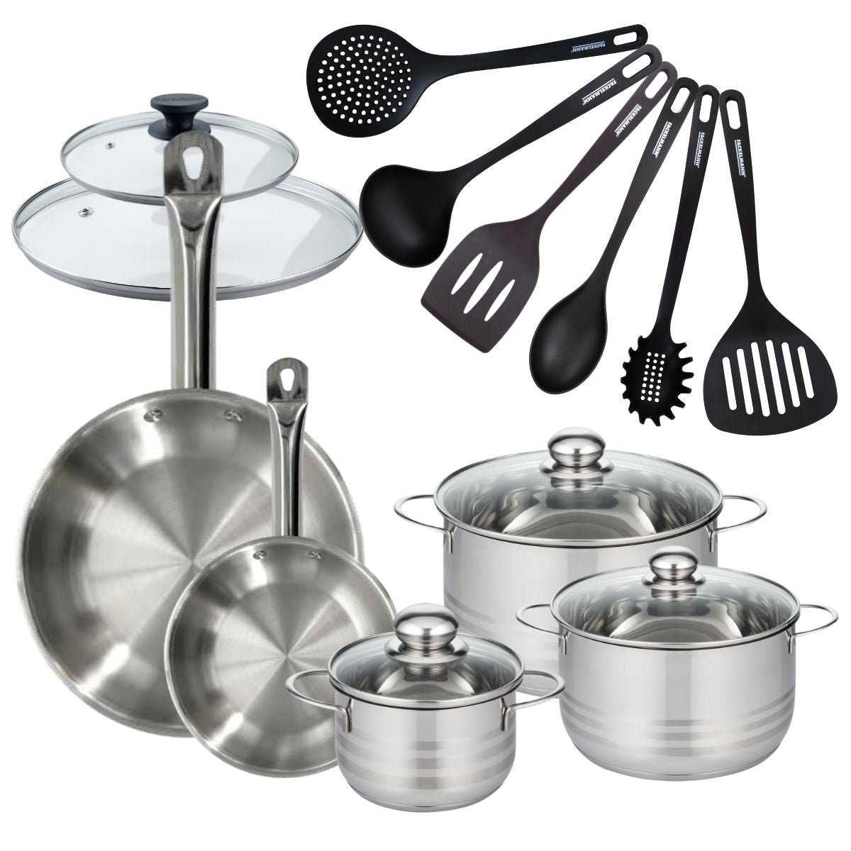 Batterie 2 poêles 20/28cm + 3 faitouts 16/20/24cm ETERNA inox, FACKELMANN