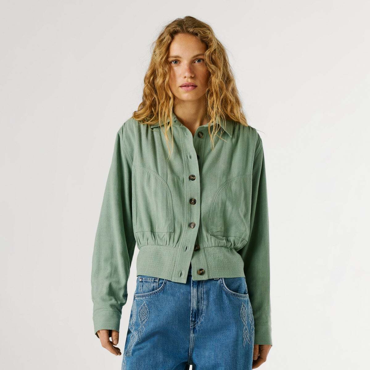Veste Bomber À Col Chemise vert de blanc de javel, PEPE JEANS
