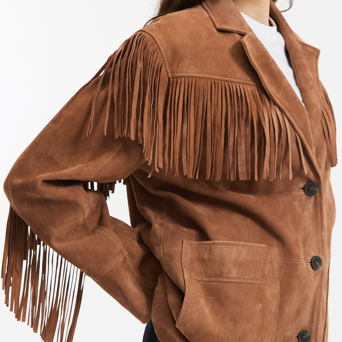 Veste droite frangée, en cuir de chèvre marron camel, LA REDOUTE COLLECTIONS