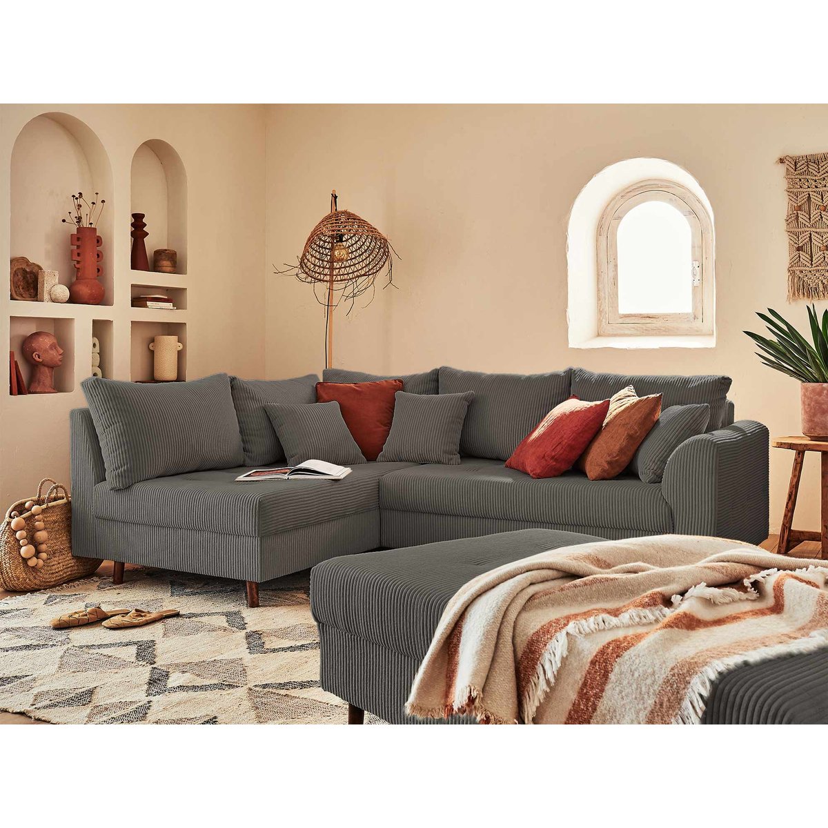 Canapé d'Angle gauche 4 places + pouf places - RUNE gris foncé, BEST MOBILIER
