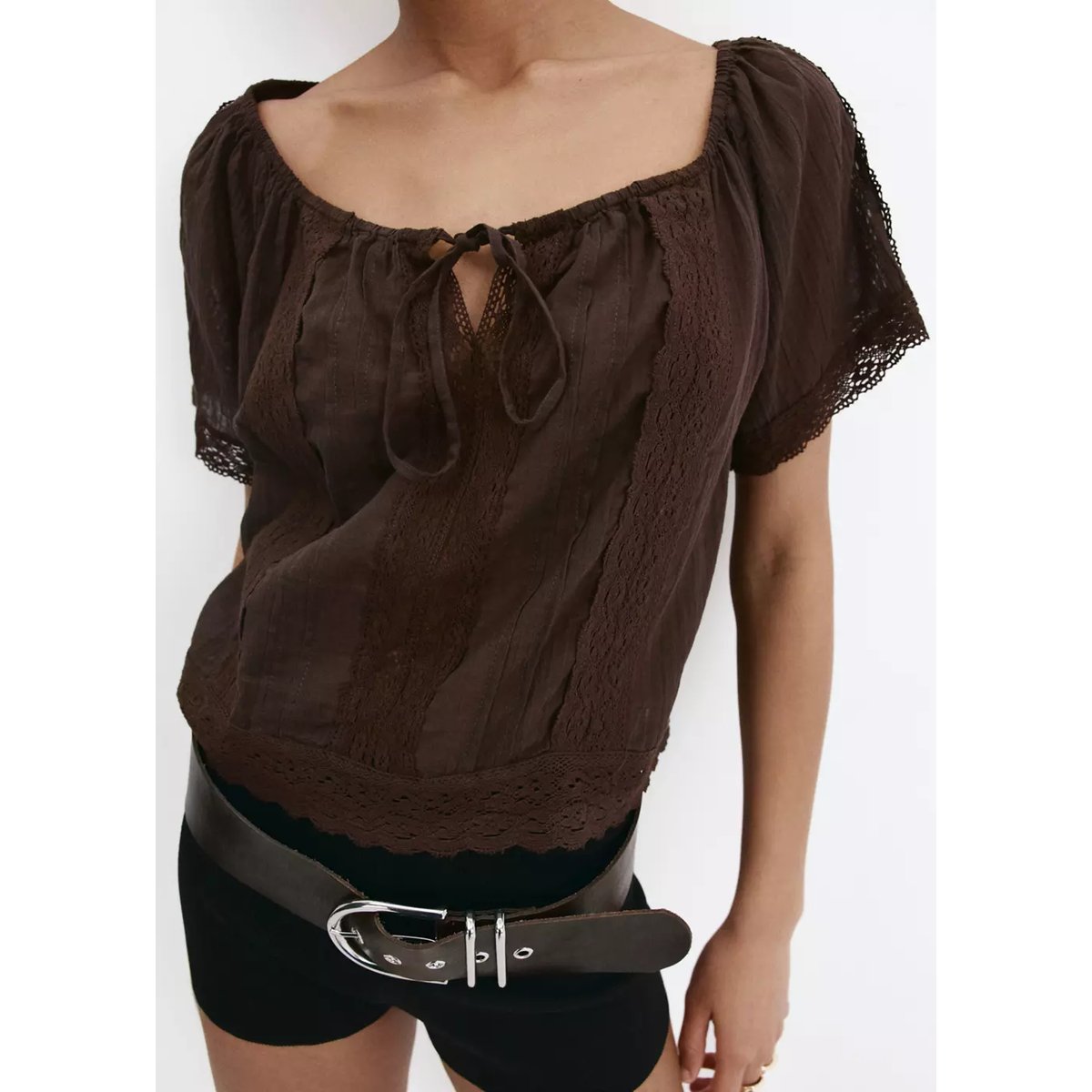 Blouse en coton et dentelle marron, MANGO