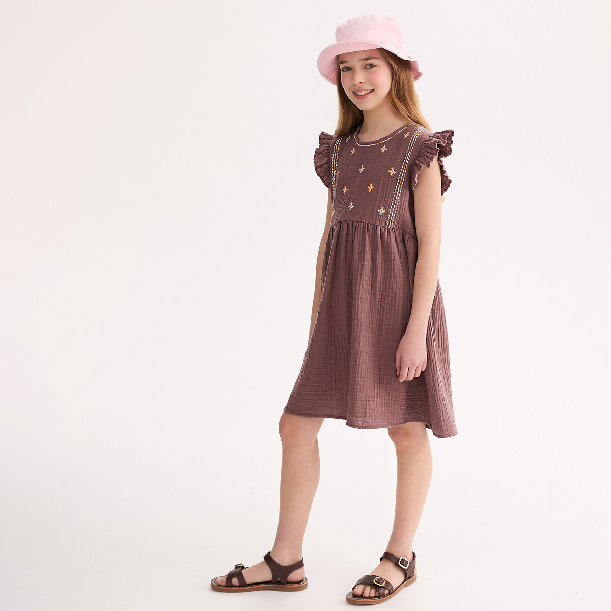 Jurk van katoengaas met borduursel en ruches taupe roze, LA REDOUTE COLLECTIONS