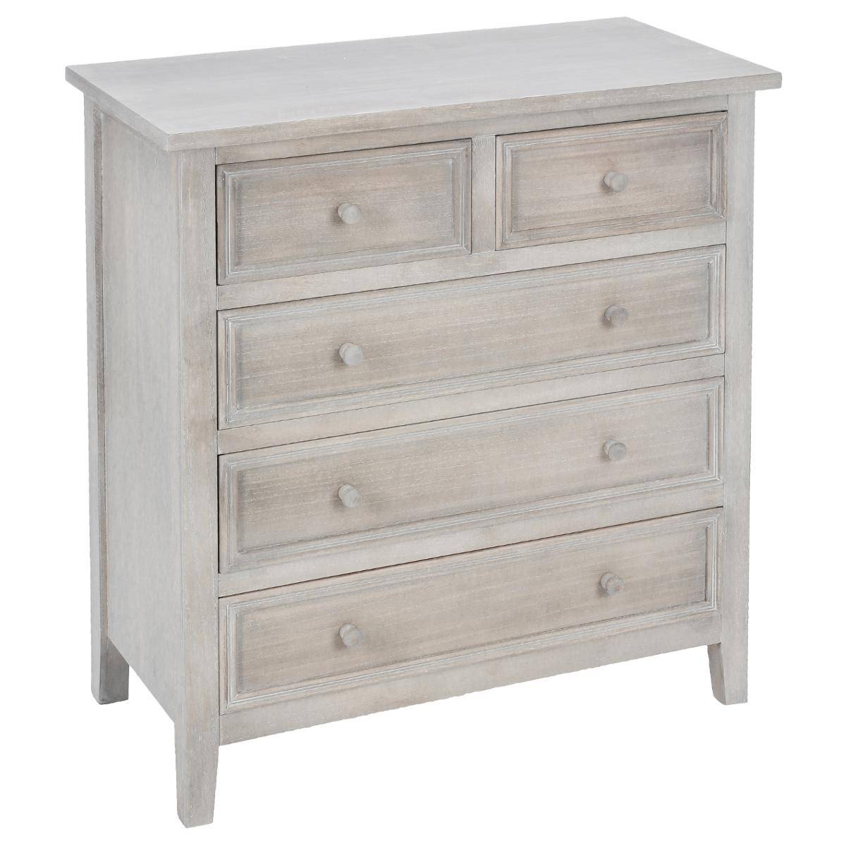 Commode 5 tiroirs moulures bois blanchi CHARME blanc cérusé, ATMOSPHERA