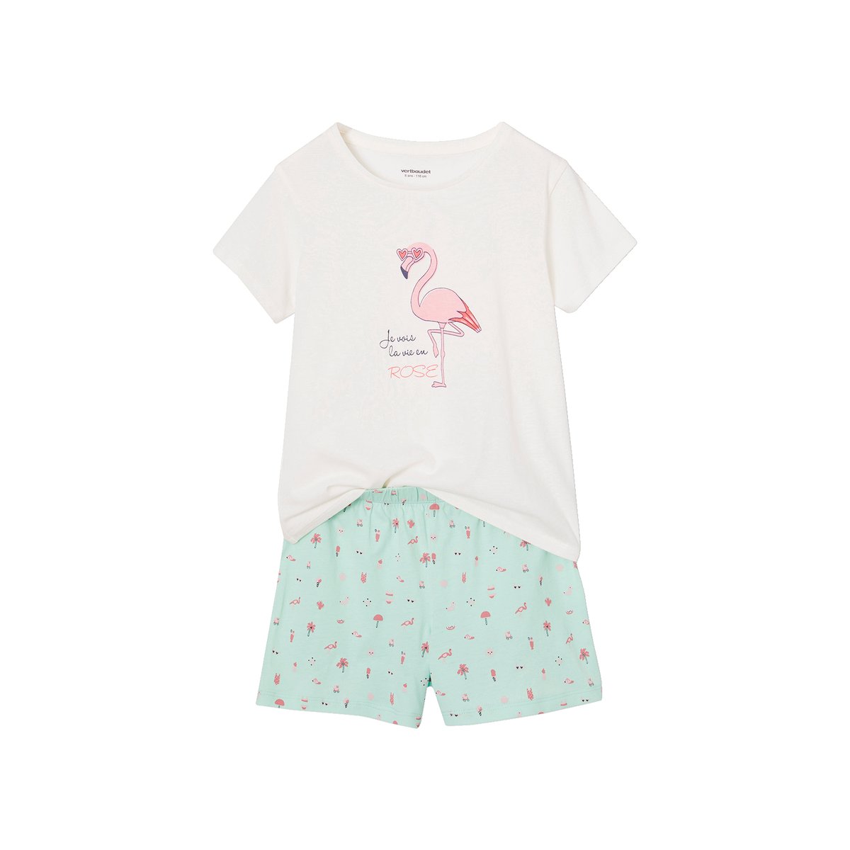 Lot 2 pyjashorts 1 motif arc-en-ciel + 1 motif flamant rose turquoise, VERTBAUDET