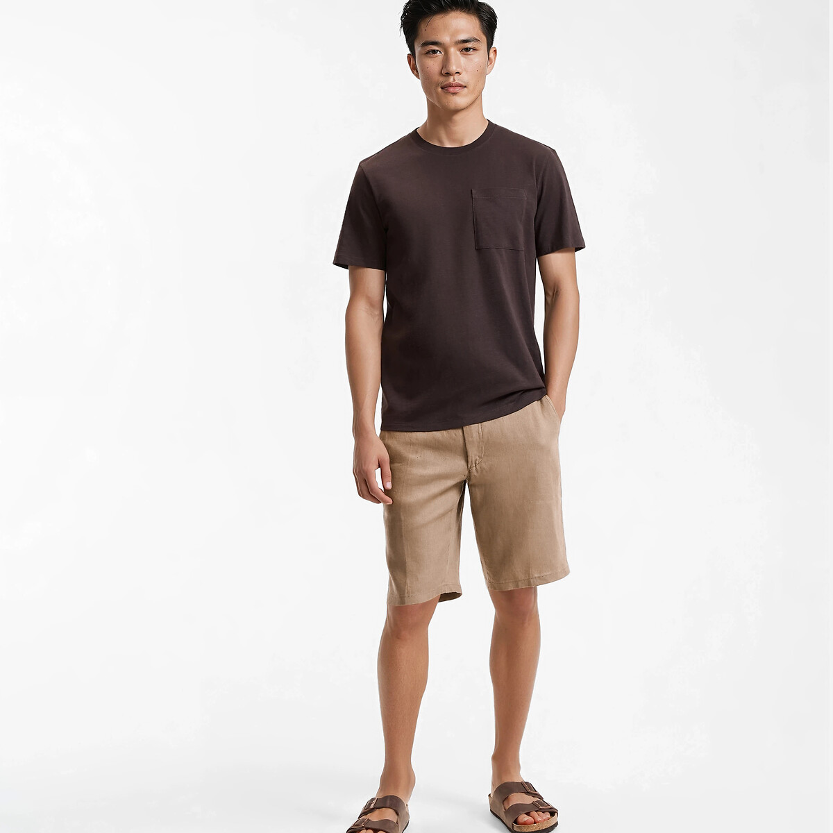 T-shirt col rond, fit regular, en coton slub marron, LA REDOUTE COLLECTIONS