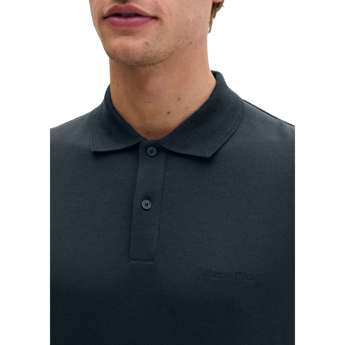 Polo piqué slim en mélange coton bio/viscose de poids moyen bleu foncé, MARC O'POLO