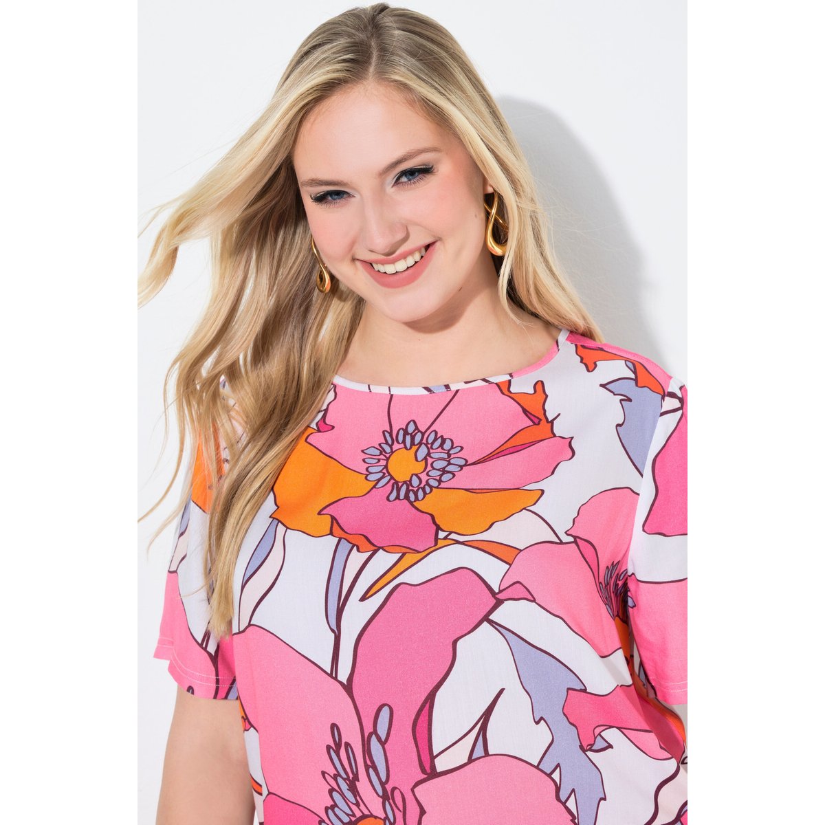Blouse imprimé floral, cordons à froncer blanc cassé, ULLA POPKEN