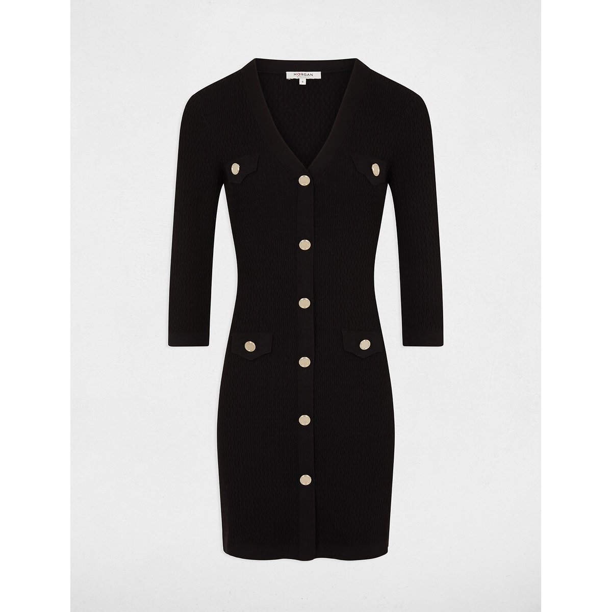 Robe pull ajustée manches 3/4 à boutons noir, MORGAN