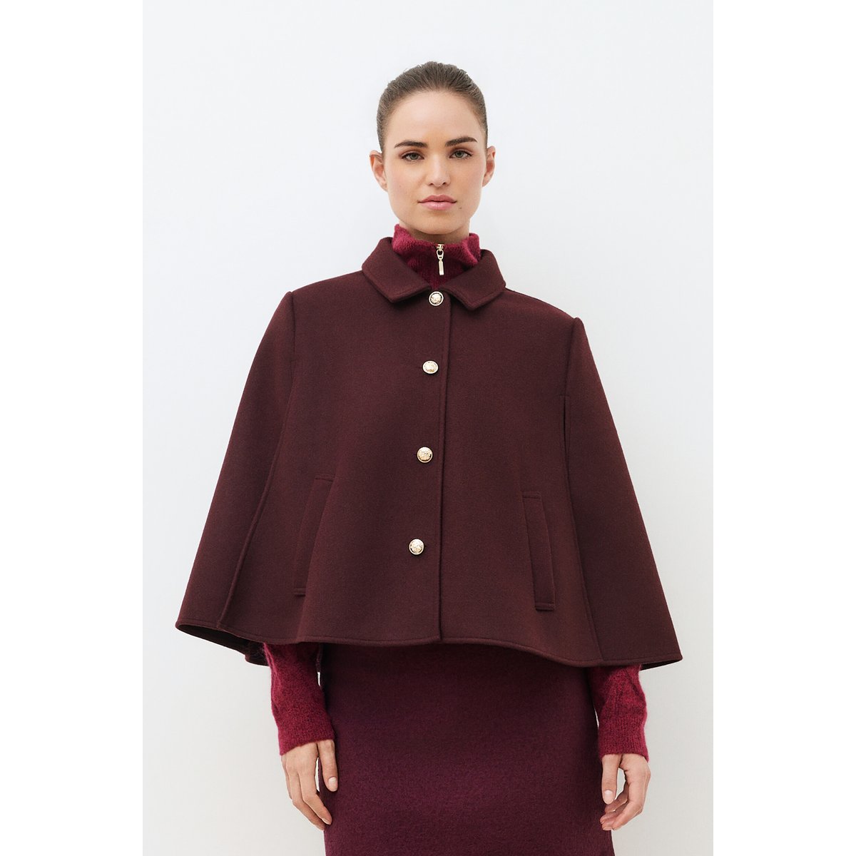 Poncho ample col chemise HACAP bordeaux, CAROLL