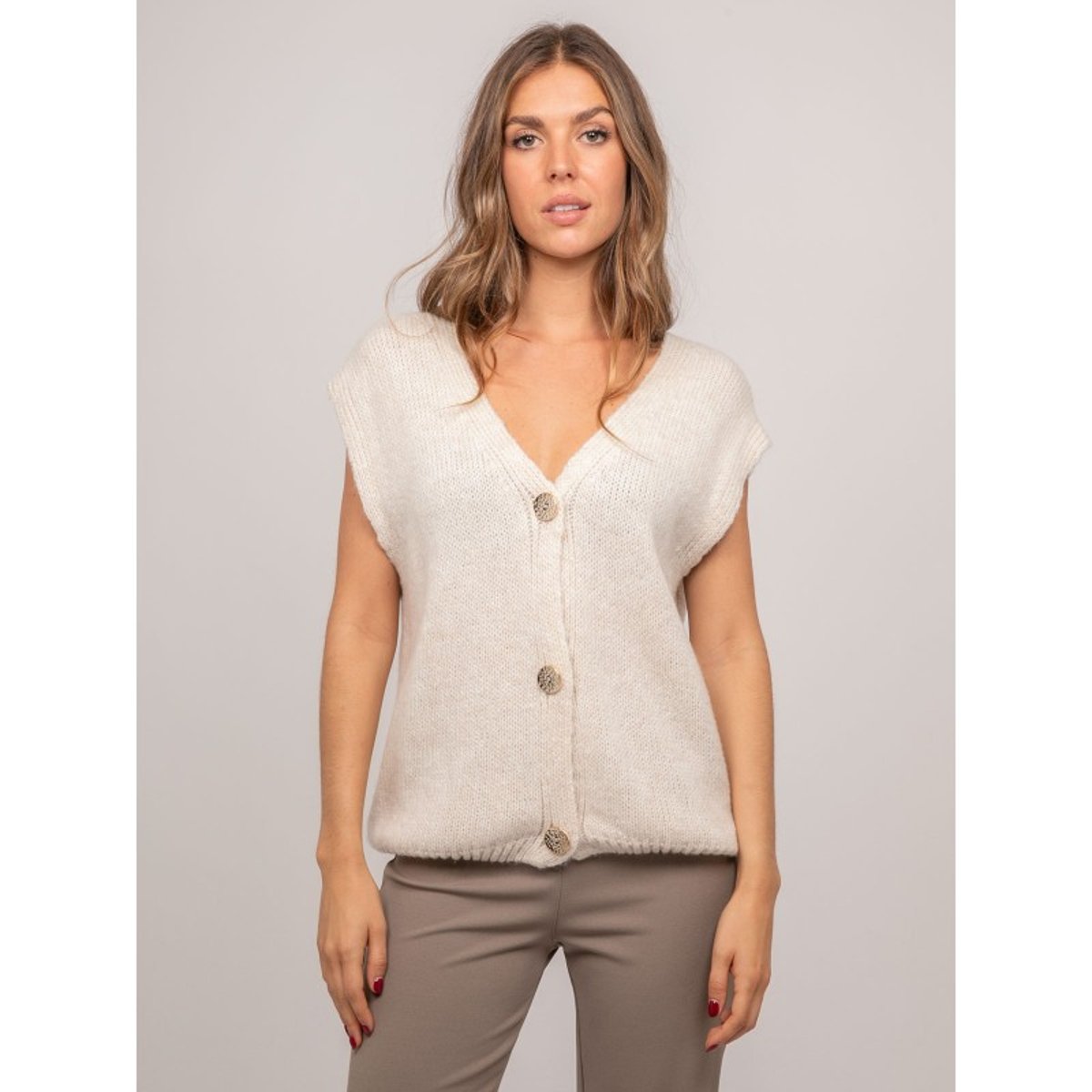 Gilet Sans Manches Maille Col V Profond Khoral gris, DONA LISA