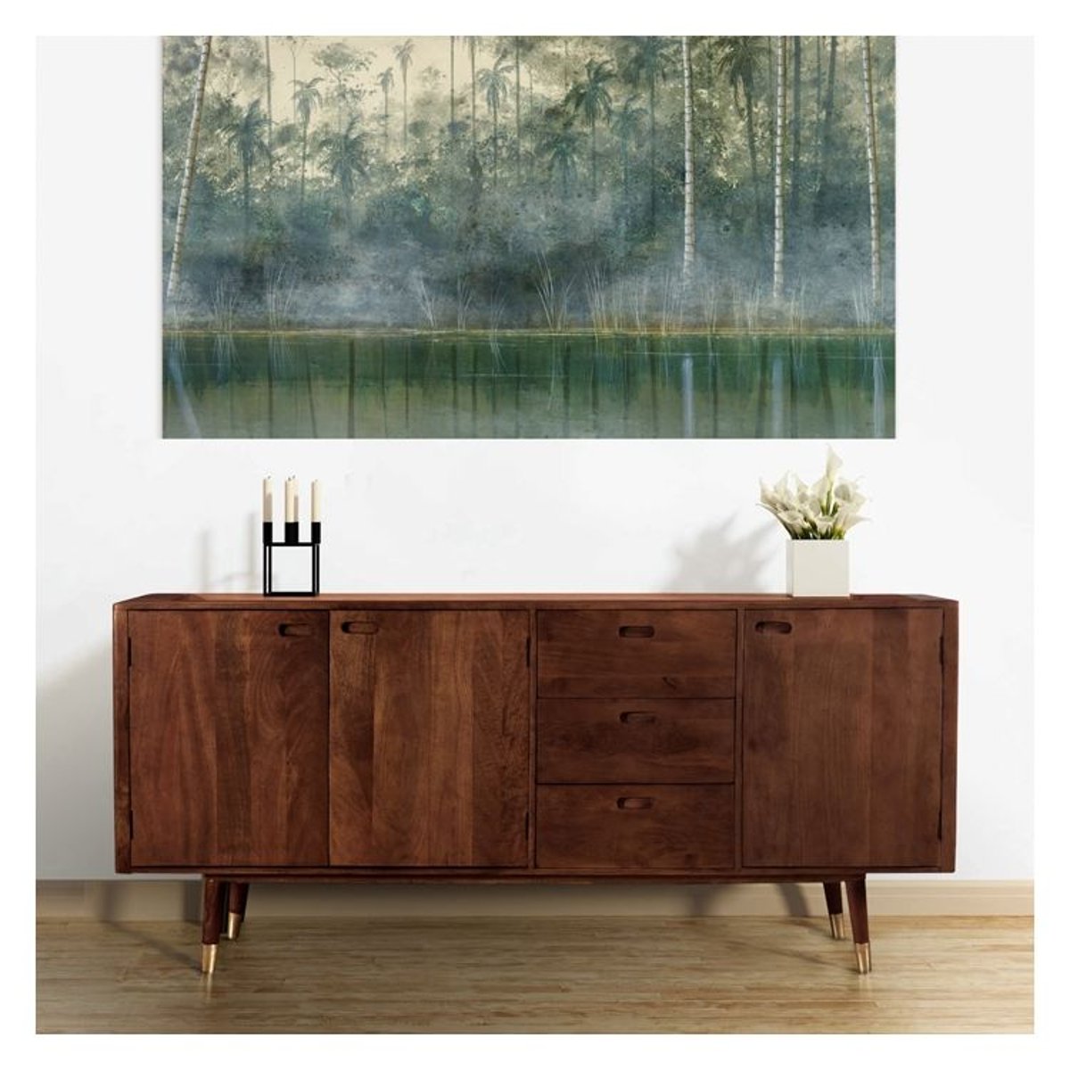Buffet en bois massif 3 portes 3 tiroirs et - COLOMBO bois foncé et détails dorés, MAISON PAVANE