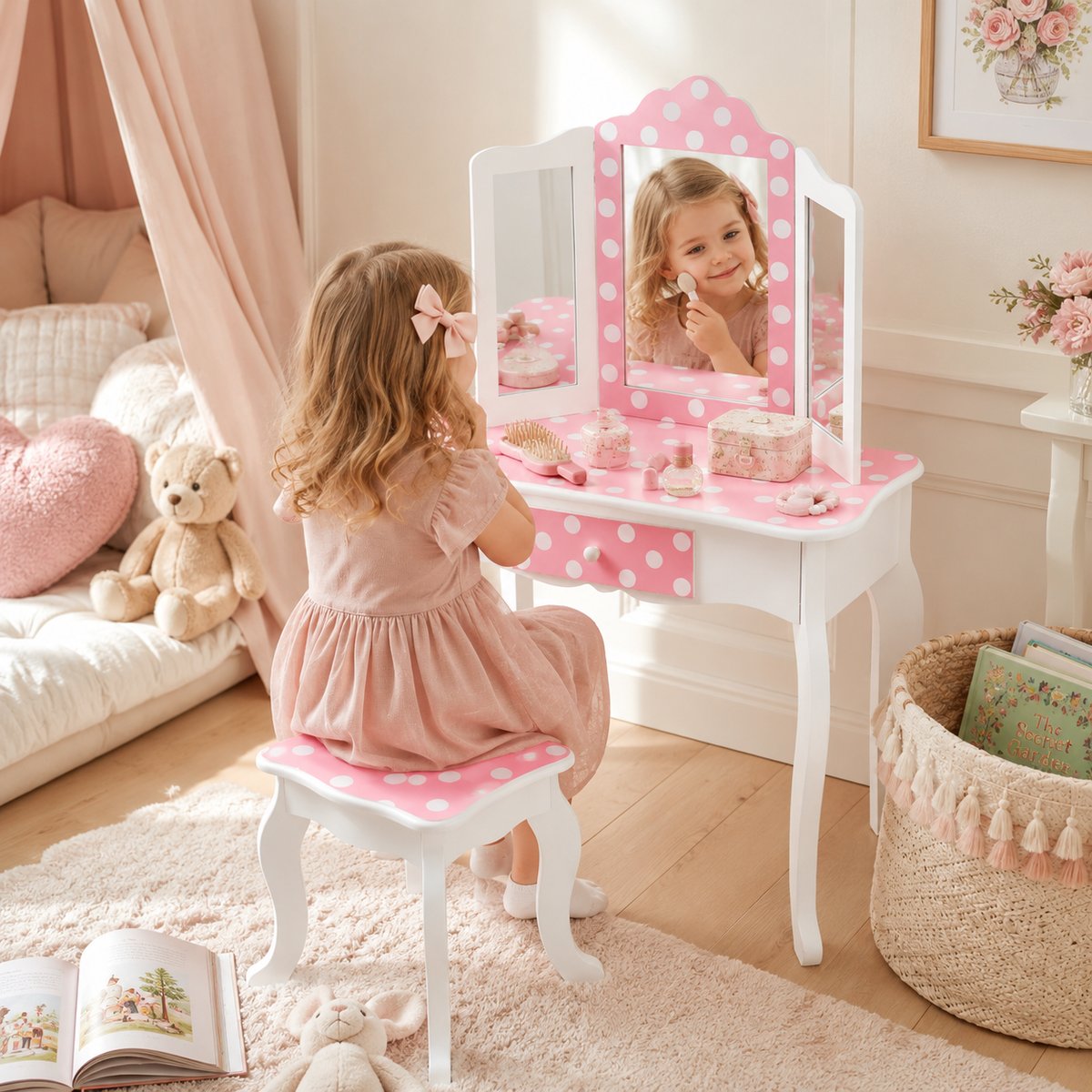 Coiffeuse Tabouret Enfant Bois avec miroir, tiroir et tabouret, FASHION PRINTS multicolore, TEAMSON KIDS