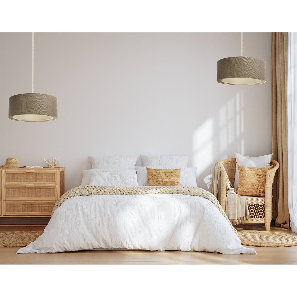 Suspension ronde en tissu style boho pour salon ou chambre beige crème tissu structuré, BPS KONCEPT
