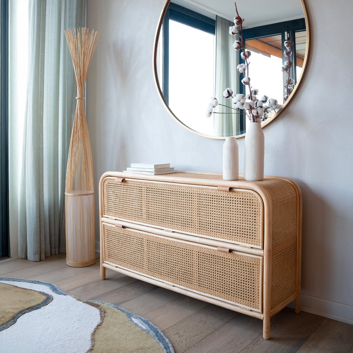 Commode en rotin massif, 2 portes abattantes - ALATA marron clair, MAISON PAVANE