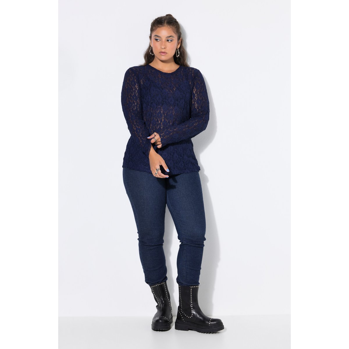 T-shirt en dentelle, coupe ajustée bleu nuit, STUDIO UNTOLD