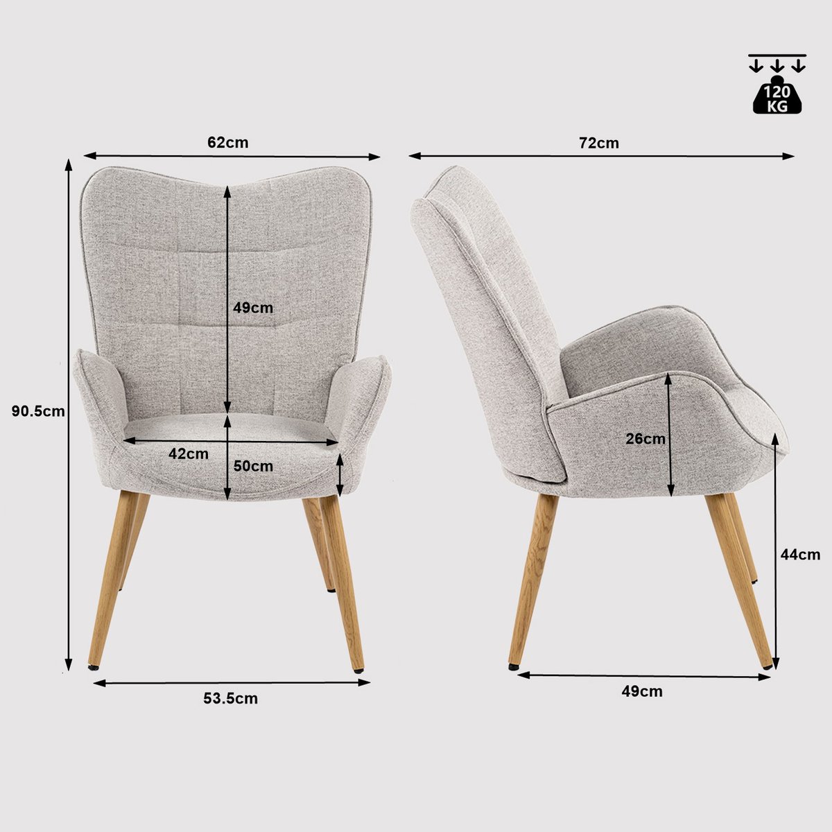 Fauteuil confortable bas style scandinave dossier moyen assise confortable pieds métal effet bois, KANAS gris clair, MEUBLES COSY