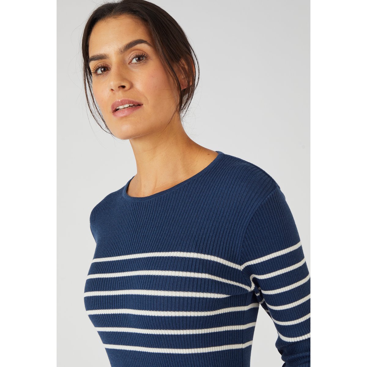 Pull col rond en laine mérinos, uni et rayé bleu rayé, DAMART