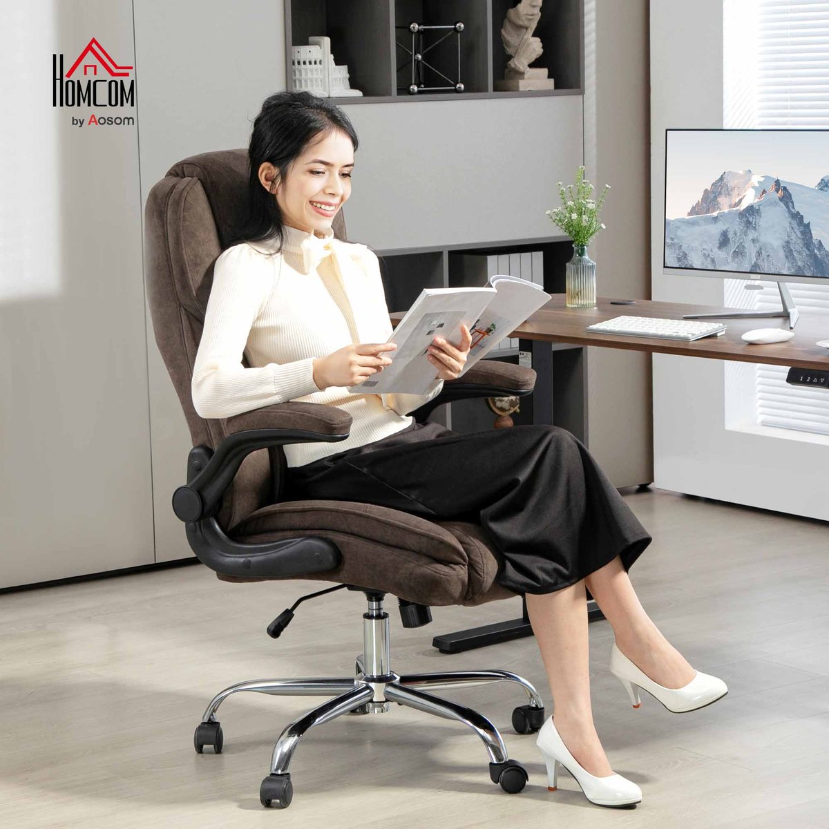 Chaise de bureau Velours (100 % polyester) marron, HOMCOM