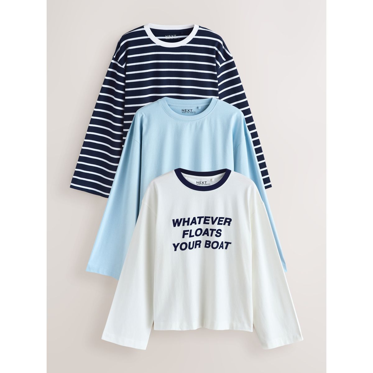 T-shirts à manches longues, lot de 3 rayures graphiques bleu marine et blanches, NEXT