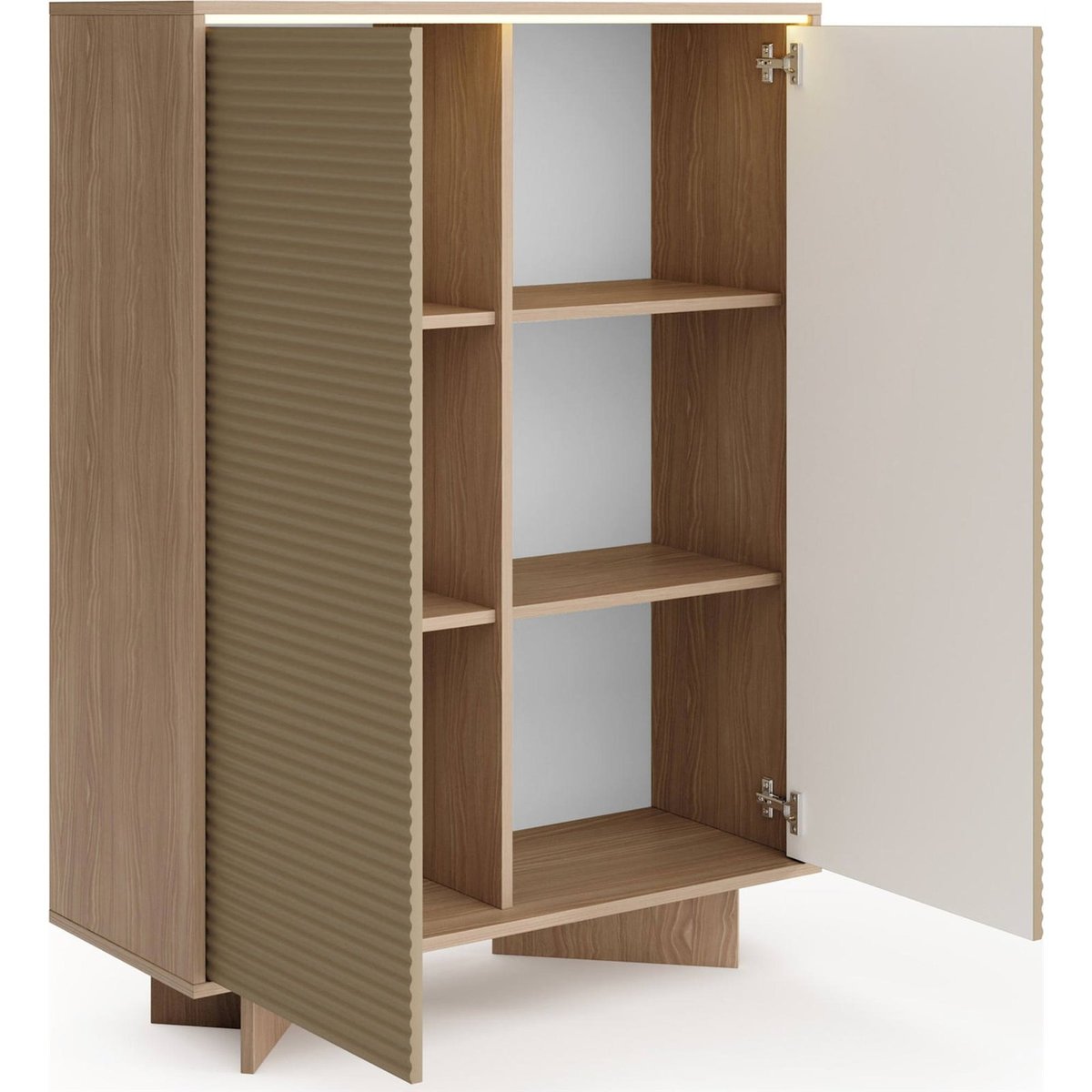 Buffet haut lumineux SEMI portes rainurées bois bolivar naturel et cappuccino, RECOLLECTION