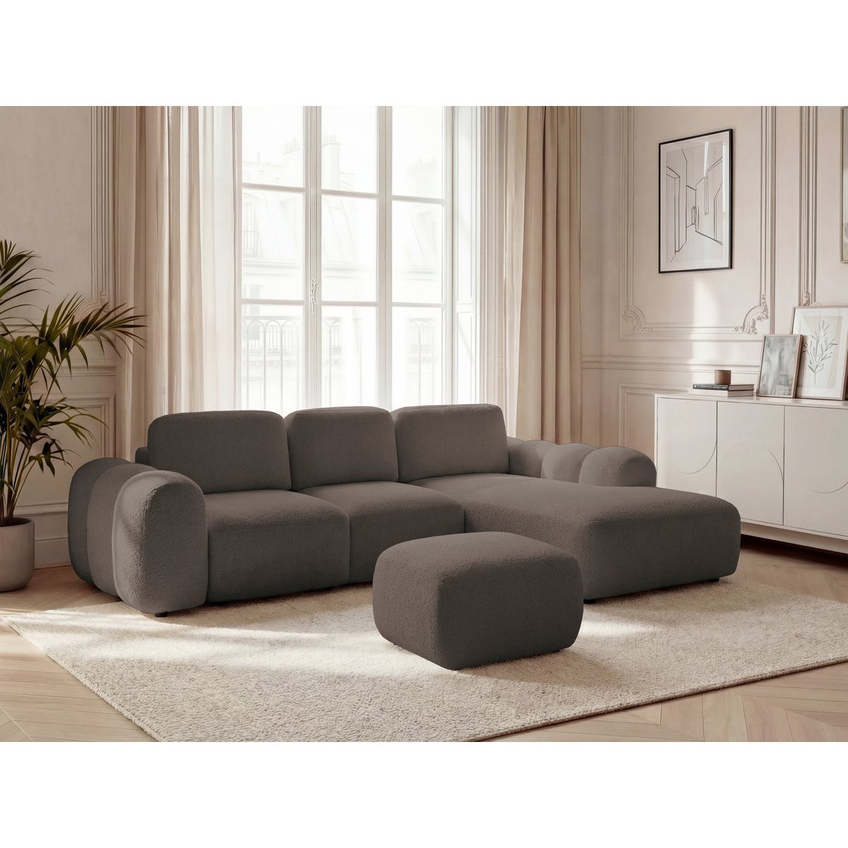 Canapé d'angle convertible 3 places en tissu bouclette avec pouf, MONTAIGNE marron, BOBOCHIC