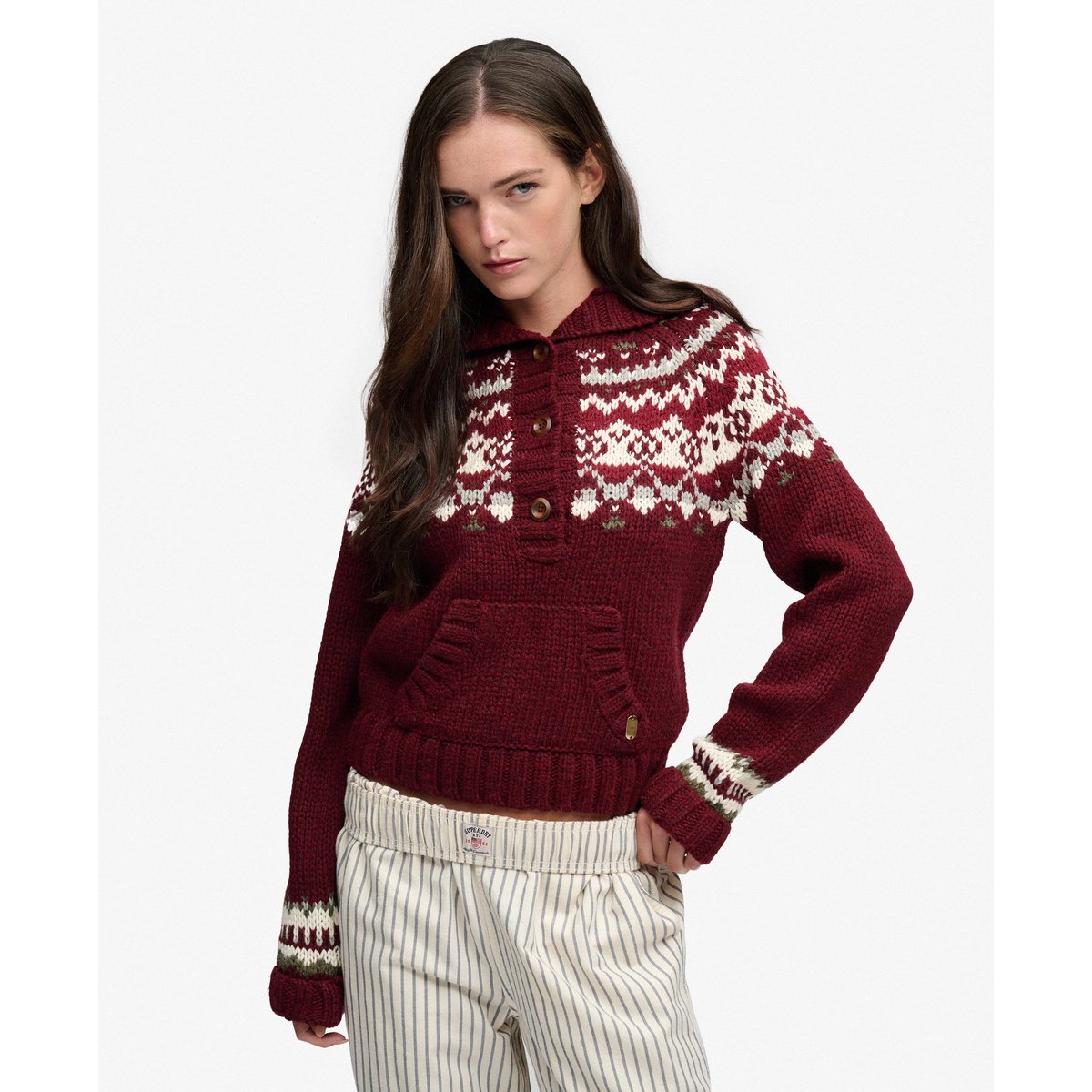 Sweat à capuche Fairisle ½ Bouton Coupe Décontractée rouge multi, SUPERDRY