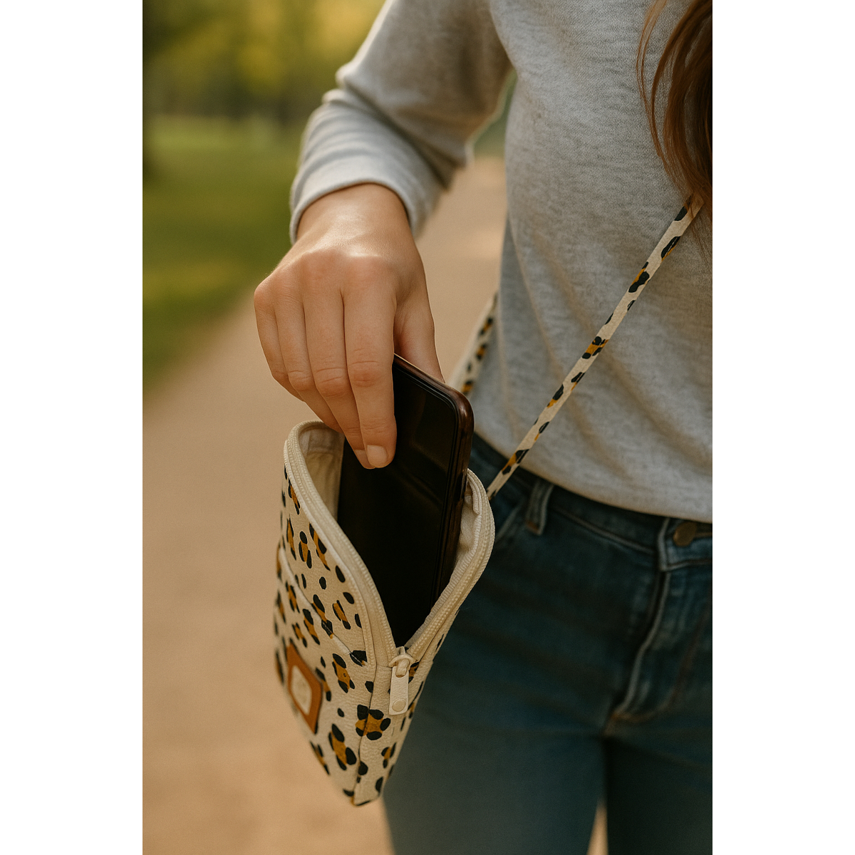Pochette téléphone en gaze de coton matelassée imprimé Léopard - LEOPARD ecru, SAUTHON