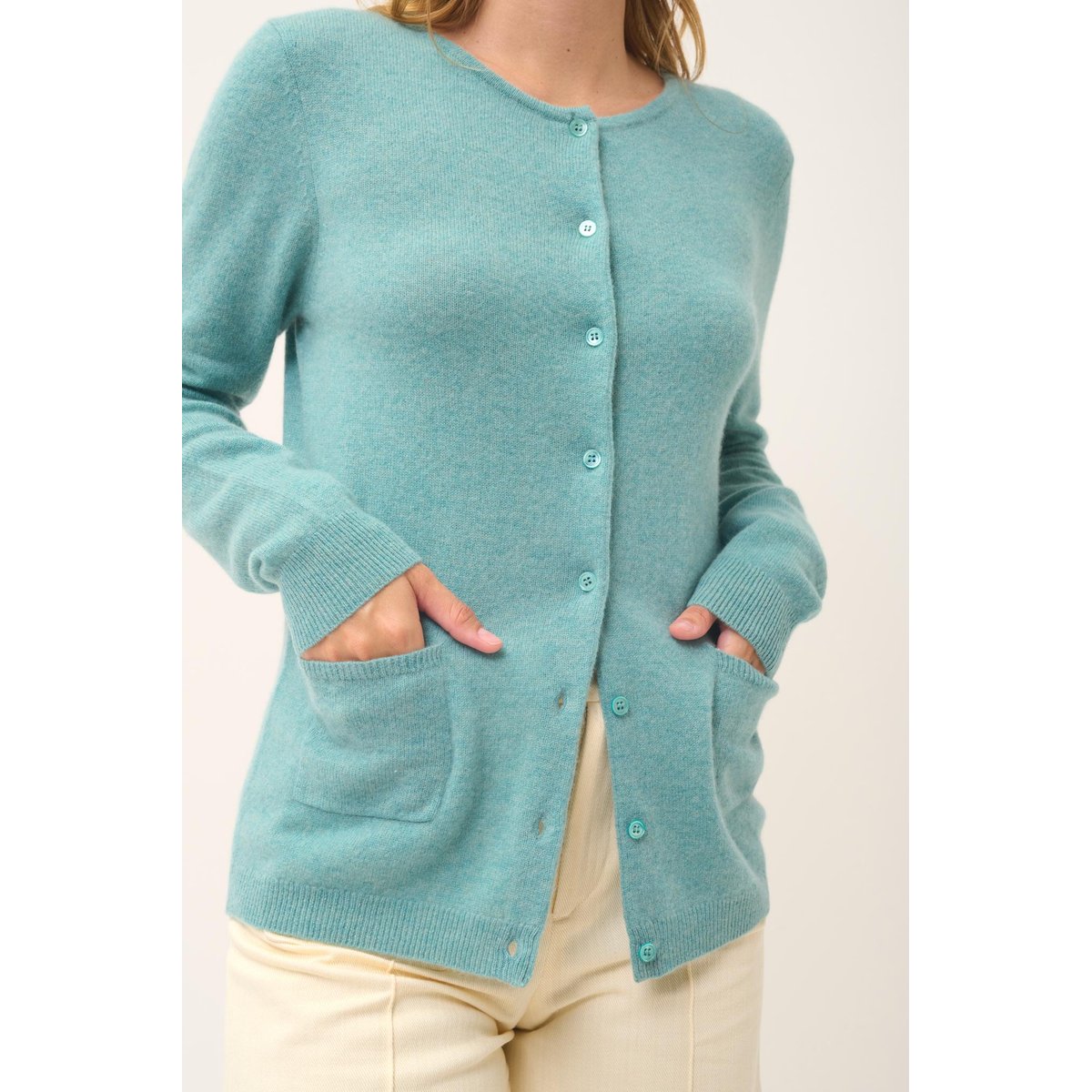 Cardigan Col Rond Vert Chiné Katharine vert chiné, JUST CASHMERE