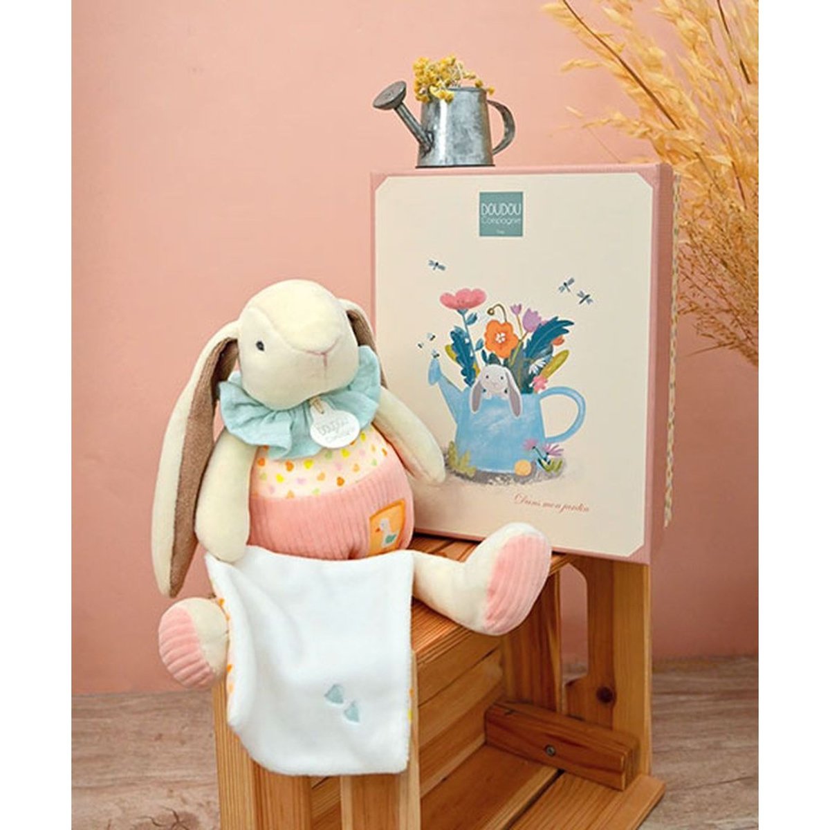 Peluche lapin rose avec son doudou couleur unique, DOUDOU ET COMPAGNIE